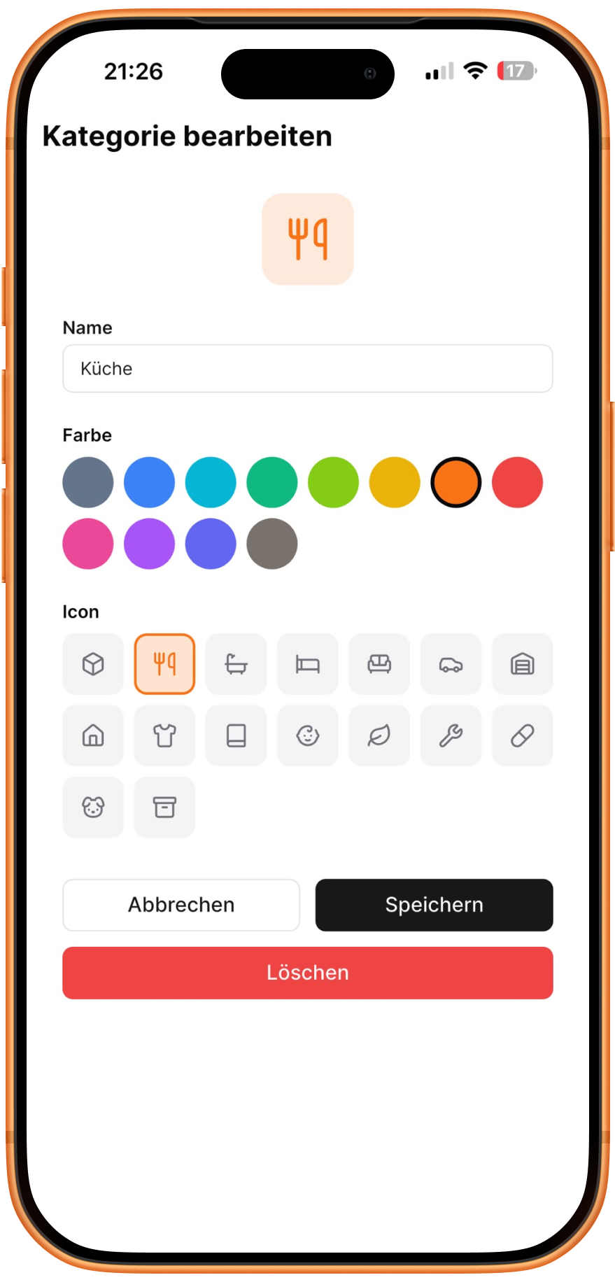 maximar Kategorie bearbeiten mit Farb- und Icon-Auswahl